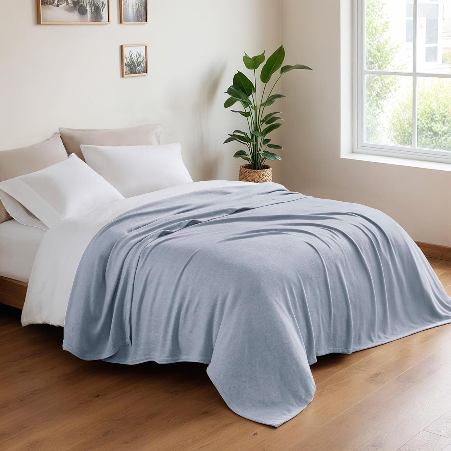 King Size Blanket, 70% Rayon (Derived from Bamboo) and 30% Cotton, Lightweight Jacquard Weave, Breathable and Soft Summer Blanket for Bed or Couch, 108” x 90”, Light Blue