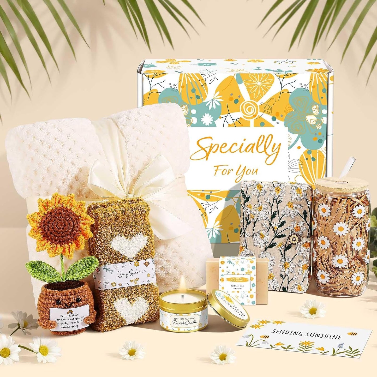 Self Care Gifts for Women Gift Baskets，Sending Sunshine Thinking of You Care Package Spa Gift Sets, Birthday Christmas Gifts for Women Best Friends Mom Sister Wife Grandma Her