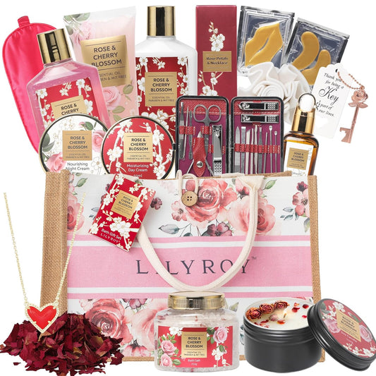35 Pcs Bath and Body Gifts Basket Set - Rose Spa Gifts Set Skin Care Set for Women, Gift Baskets Set for Mothers Day Mom for Christmas, Birthday, Valentines Day All Occasion Present