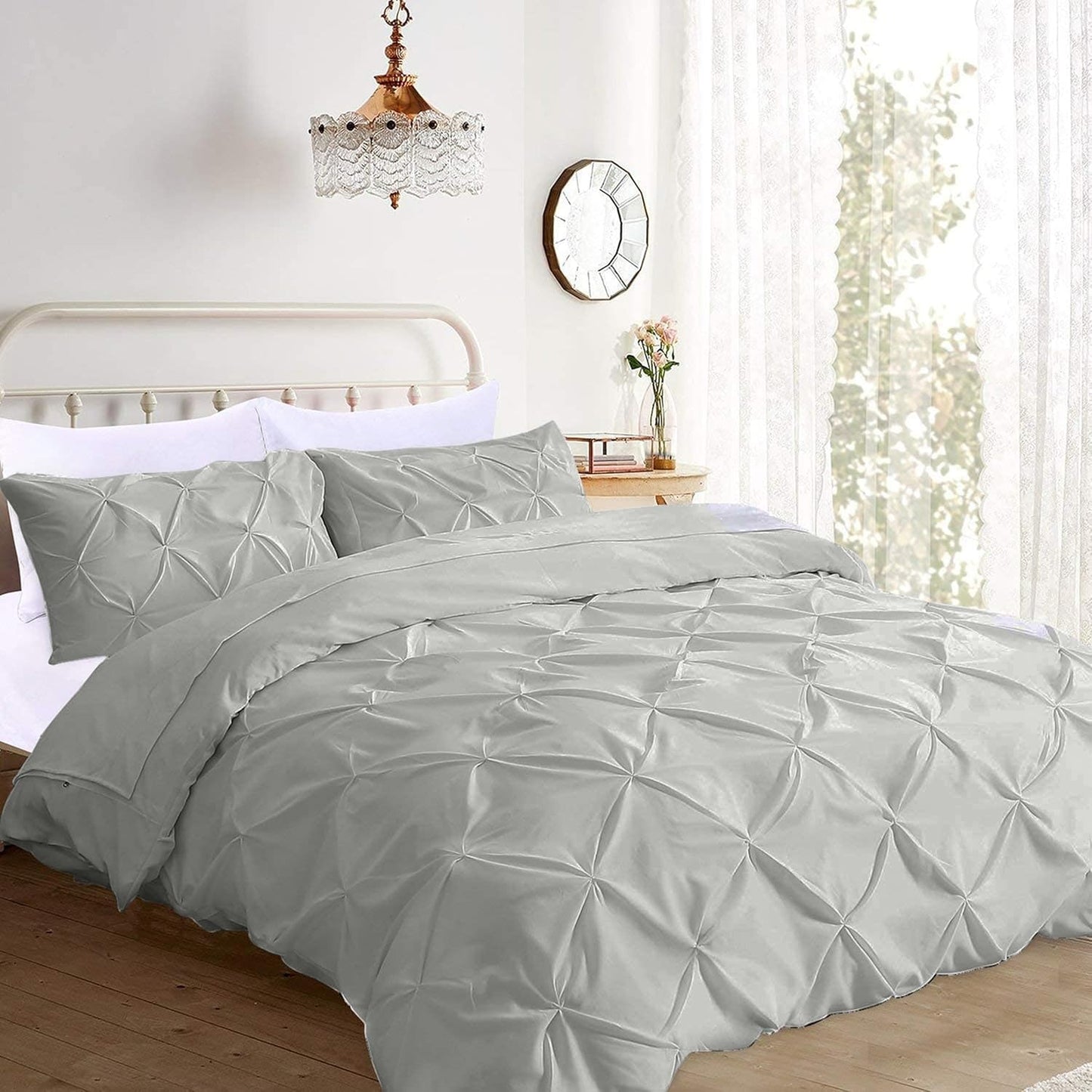 Pinch Pleated Duvet Cover Set 100% Brushed Microfiber 3PC Super King Size 98x108 Duvet Cover Set, Decorative Pinch Design Silver Grey Duvet Cover with Matching Pillow Case