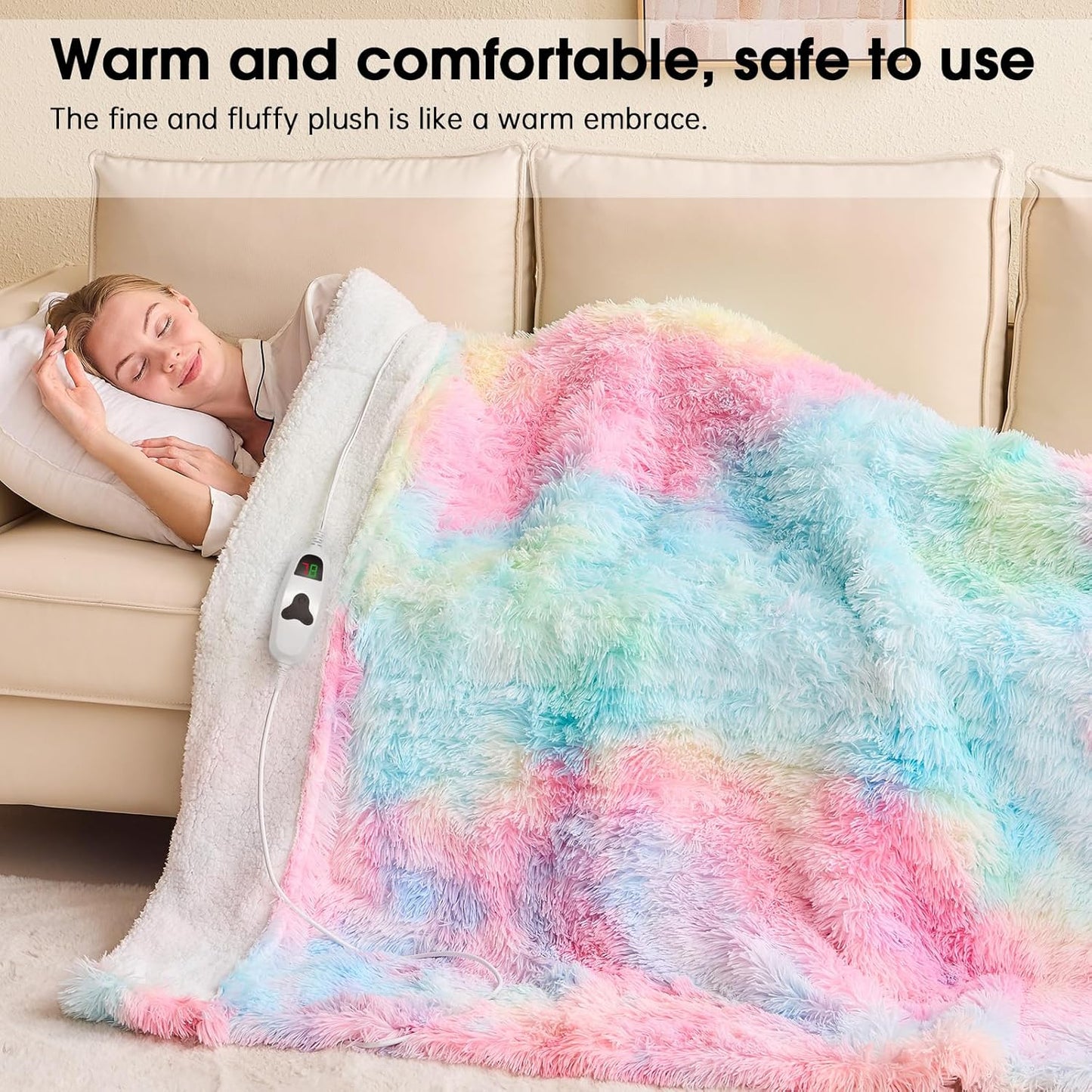 Heated Electric Blanket Throw,Warm Winter Birthday Gifts for Women Her Grandma-Faux Fur with Soft Sherpa,10 Heat Settings,5 Time Settings with Fast Heating, 50x60, Rainbow