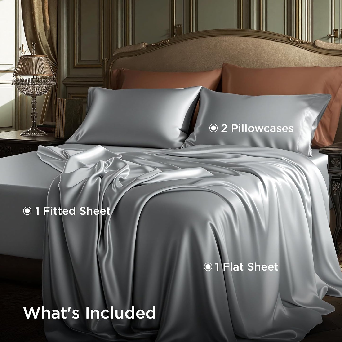 Bedsure Satin Sheets Twin Size - 3 Piece Silky Bedsheets with 15 Inches Deep Pocket Fitted Bedsheet,1 Flat Sheet, 1 Satin Pillowcase, Good for Hair & Skin (Twin, Silver Grey)