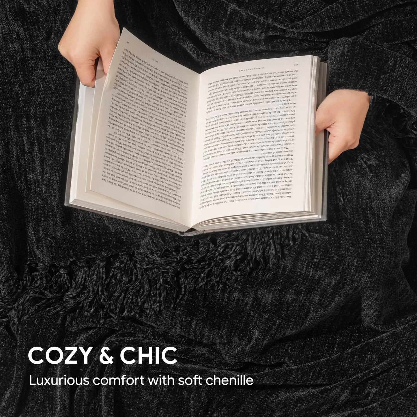 RECYCO Throw Blanket Soft Cozy Chenille Throw Blanket with Fringe Tassel for Couch Sofa Chair Bed Living Room Gift (Black, 60" x 80")