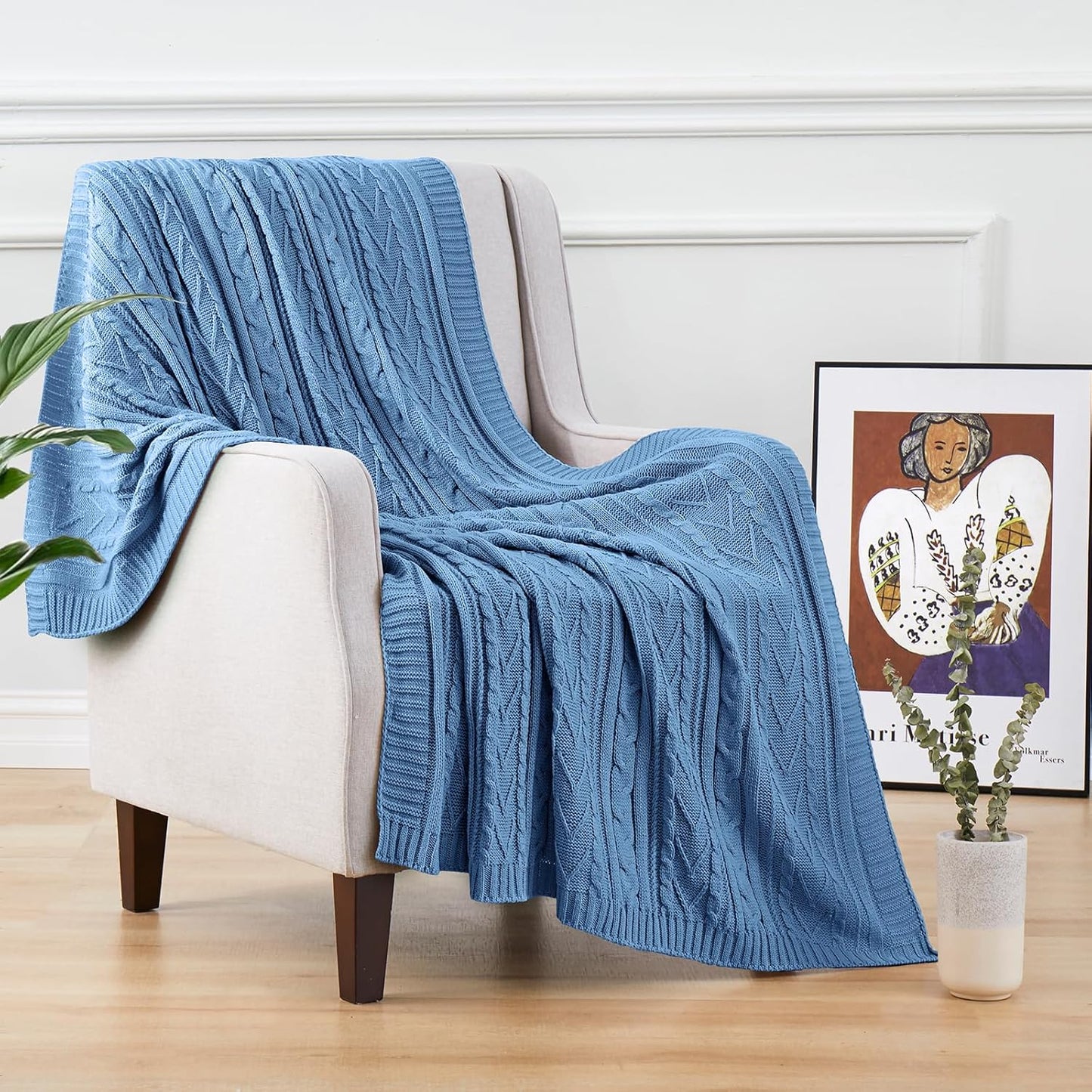 Aormenzy Dusty Blue Cable Knit Throw Blankets for Couch Bed Sofa, Acrylic Knitted Blanket, Soft Cozy Throw Blanket, 50" x 60"