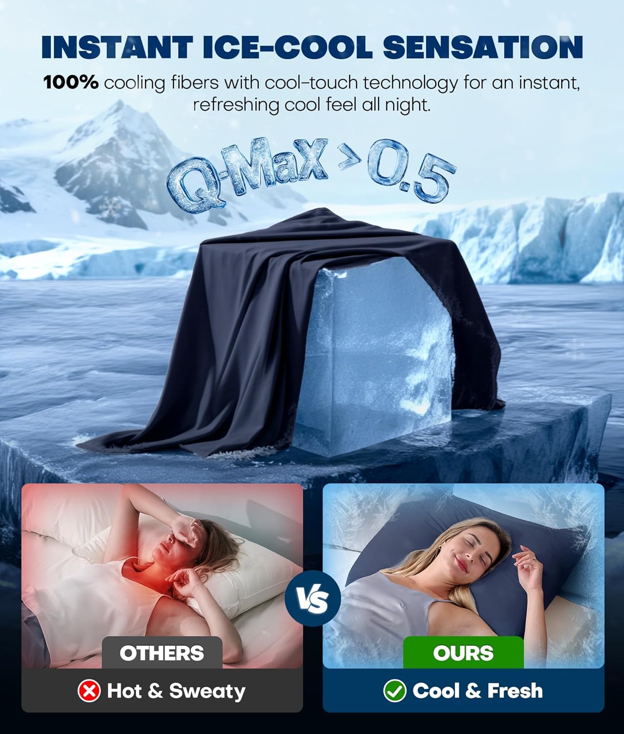 Ultra-Chill Cooling Pillowcase Set of 2 for Hot Sleepers, Softer Than Silk Pillow Cases for Protecting Hair & Skin, Breathable Bed Pillow Covers w/Zipper, Gifts for Women & Men (Navy Blue, Standard)
