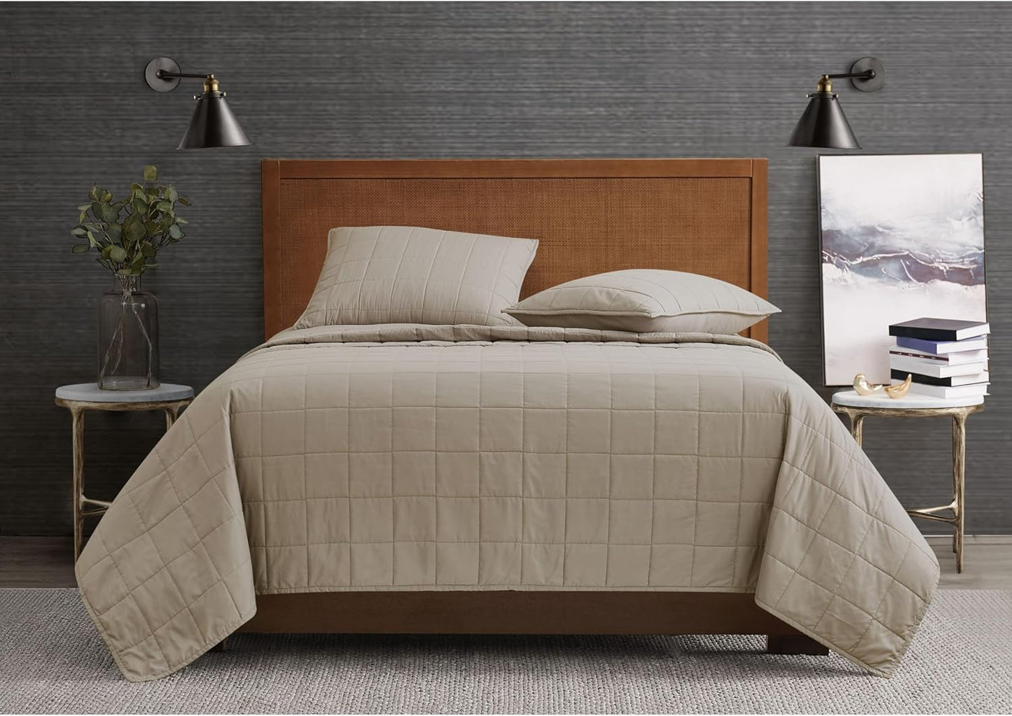 London Fog Garment Washed Solid Quilt Set Khaki Microfiber 3-Piece King Quilt Set, Solid Themed, Adult and Teen, Oeko-TEX Certified