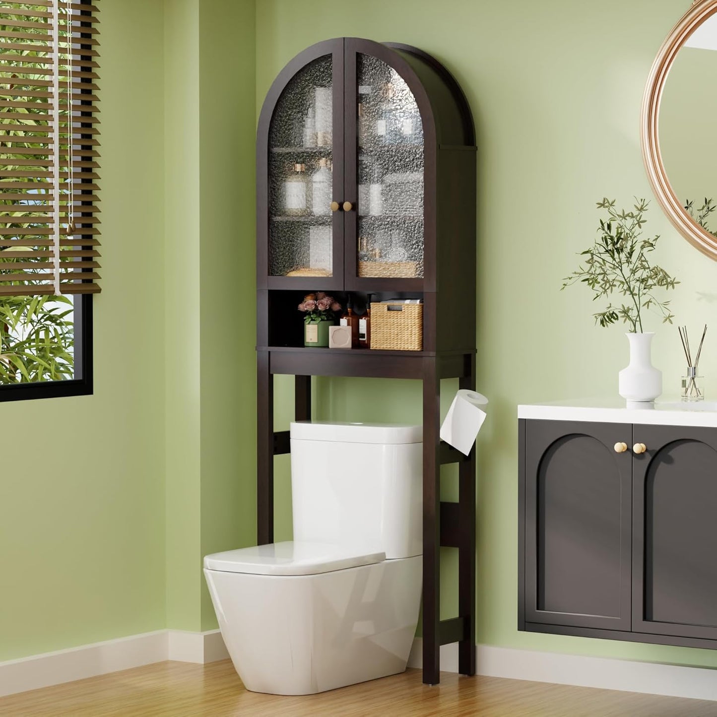 Over The Toilet Storage Cabinet, 23.7”W Modern Storage Cabinet Over Toilet with Acrylic Doors, Arched Freestanding Over Toilet Rack with Adjustable Shelf for Bathroom, Espresso