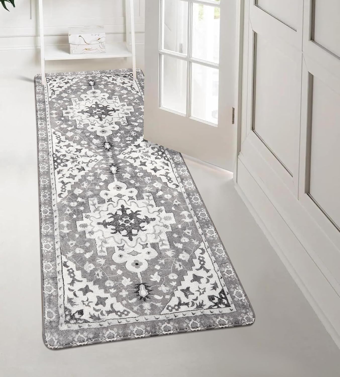 Uphome Boho Vintage Bathroom Runner Rug Gray Non-Slip Soft Bedroom Rug Machine Washable Oriental Hallway Rug Traditional Tribal Floral Floor Mats for Kitchen Kids Room Entryway, 24x59 inch