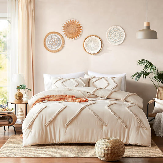 Cupocupa King Size Comforter Set;Beige Boho Tufted Lightweight Bedding Sets 3PCS Soft Jacquard Comforter with 2 Pillow Cases for All Season
