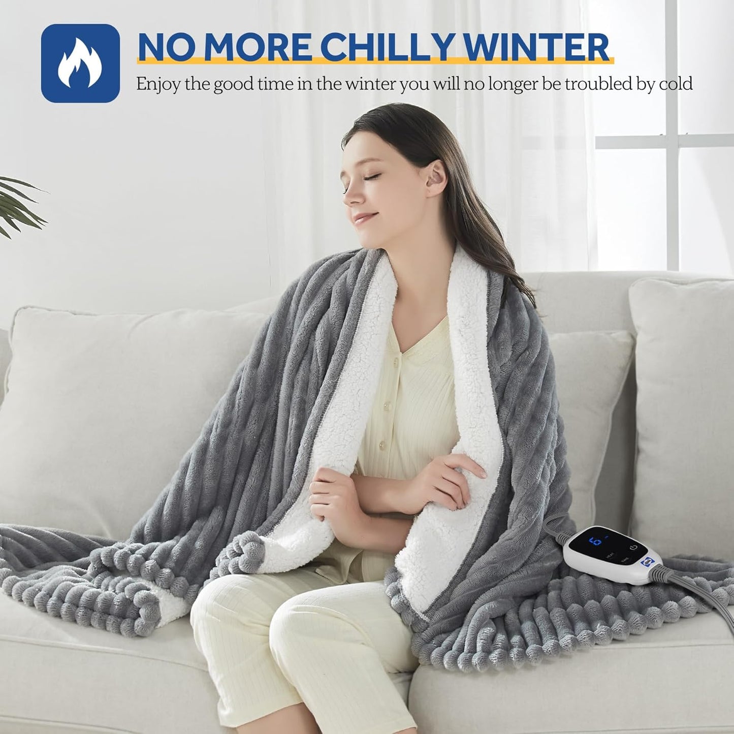 SEALY Heated Blanket Electric Throw, Ribbed Flannel to Sherpa,50"x60" Heating Blanket Throw, 6 Heat Levels & 2-10 Hours Auto-Off Over-Heat Protection, Machine Washable, Light Grey