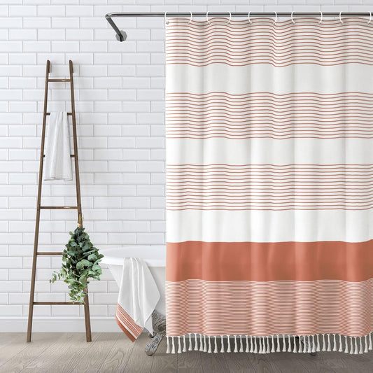 Awellife Boho Coral Shower Curtain for Bathroom Stripe Tassel Shower Curtain 72 X 72 Inches Farmhouse Cotton