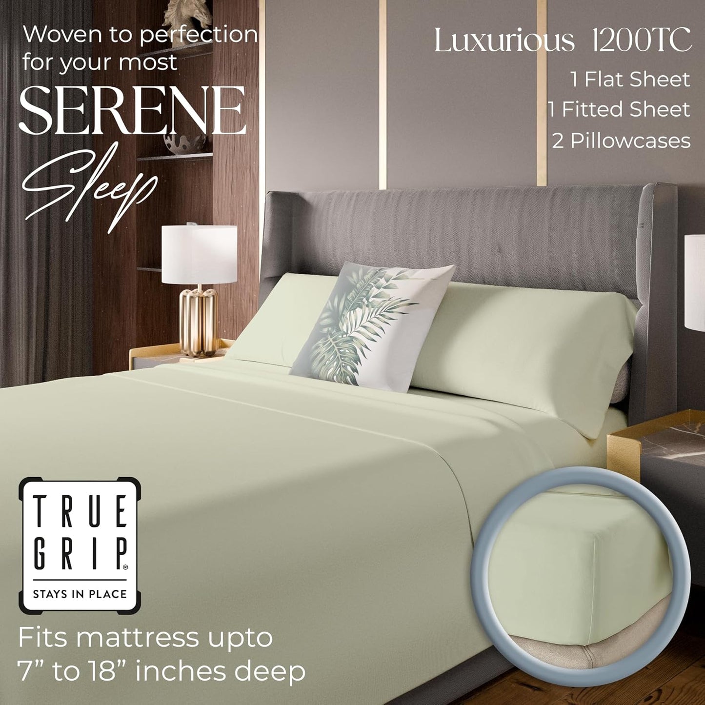 1200 Thread Count Cotton Rich Full Oatmeal Sheets Set, Ultra Soft & Silky Luxury Sateen Bed Sheets, Moisture Wicking & Wrinkle Resistant (1 Flat Sheet, 1 Fitted Sheet & 2 Pillowcases)