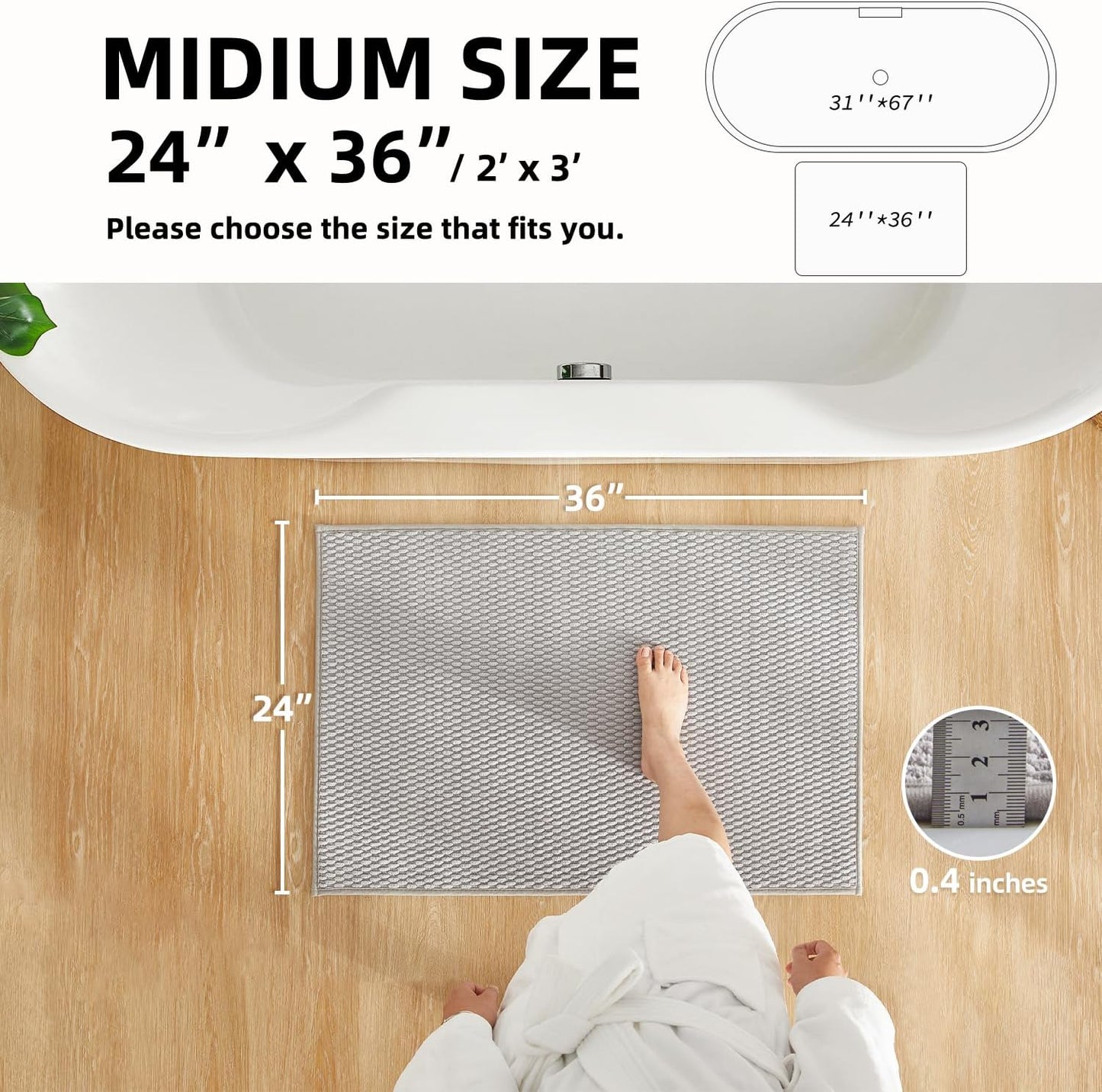 Bathroom Rugs Non Slip Washable, Super Absorbent Thin Bath Mat Quick Dry Low Pile Bathroom Rug, Light Grey 24"x36"