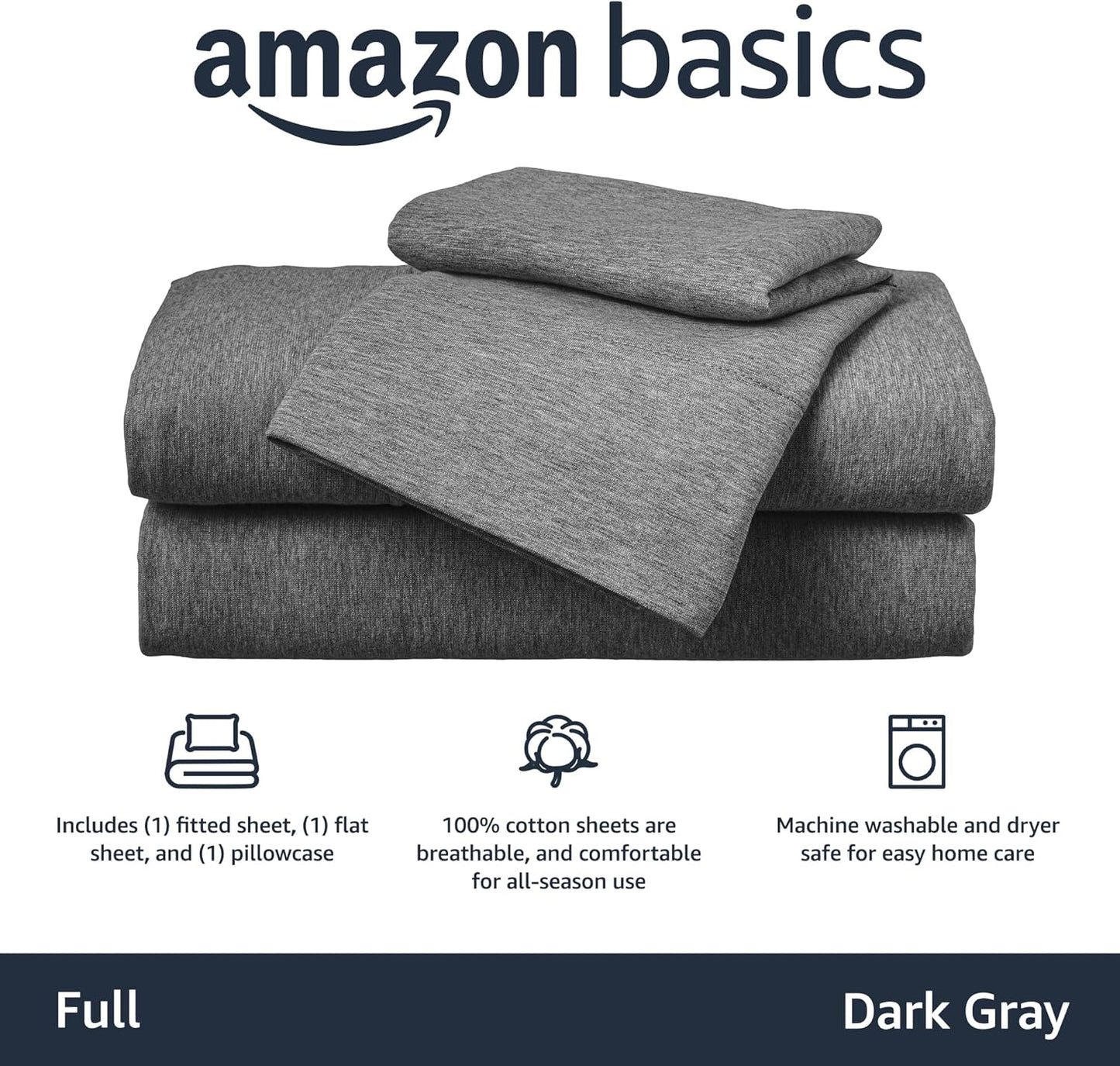 Amazon Basics 4 Piece Bed Sheet Set, 100% Cotton Jersey, Includes Super Soft, Flat and Fitted Sheets, Pillowcase, Full, Dark Gray, Solid
