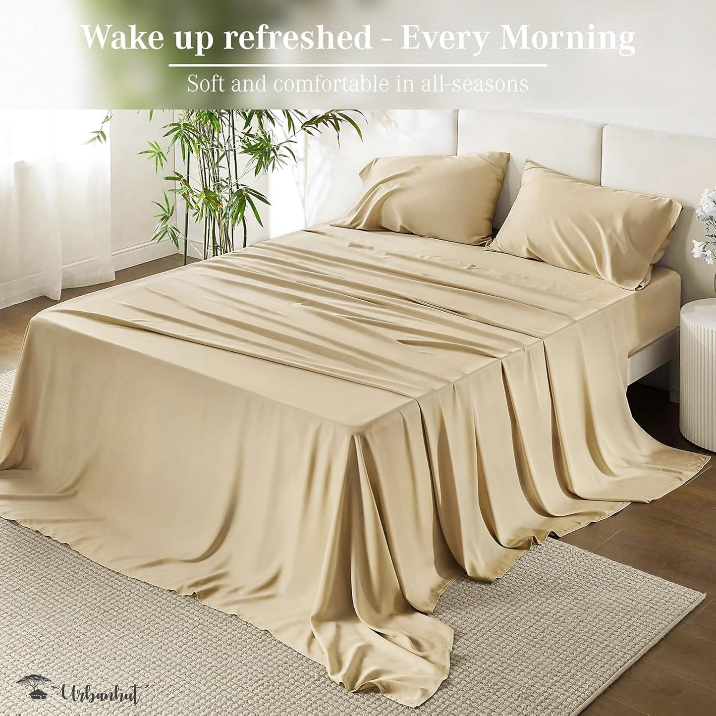 URBANHUT 100% Cotton Sheets - 1000 Thread Count California King Sand Sheet Set (4Pc), Long Staple Cotton Sheets, All Season Sateen Weave, Luxury Hotel Calking Bedsheets,16" Deep Pocket - Sand