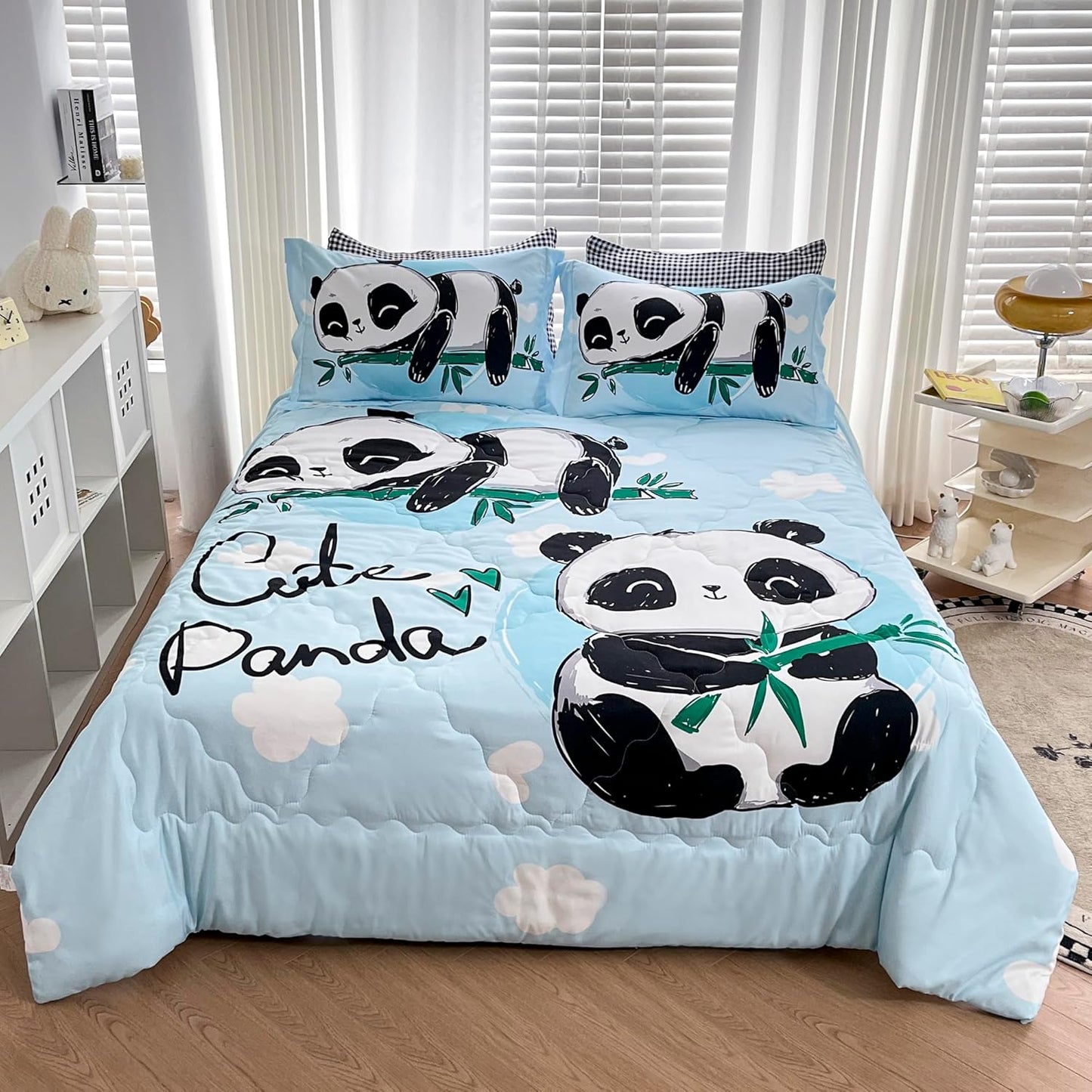 Wajade Kids Panda Comforter Set Bed in A Bag Full Size 7 Piece Blue 3D Cute Panda Bamboo Clouds Bedding Set for Girls Boys (1 Comforter, 1 Flat Sheet, 1 Fitted Sheet, 2 Pillowcase and 2 Pillow Sham)
