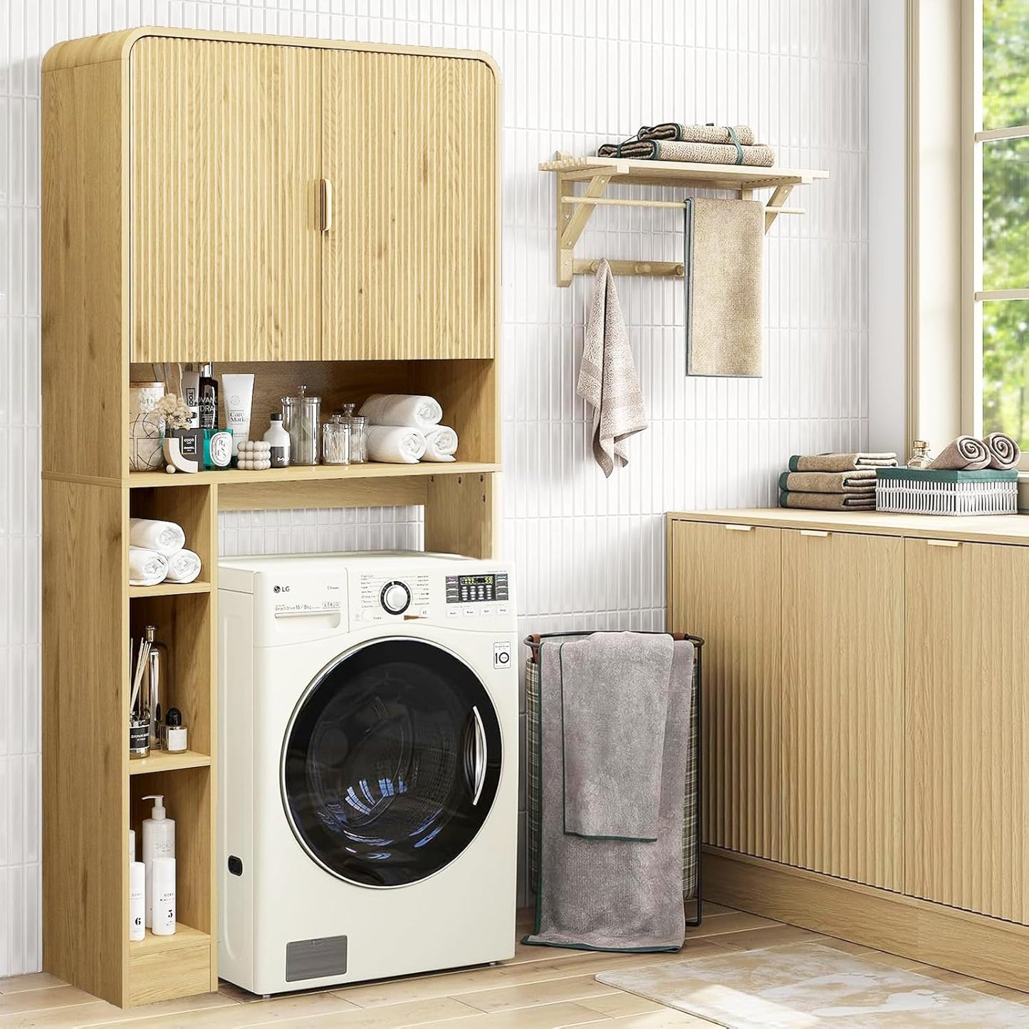 Over The Toilet Storage Cabinet, Farmhouse Bathroom Organizers and Storage with Fluted Doors & 8 Storage Compartments，Home Space-Saving Toilet Rack, for Bathroom, Restroom and Laundry