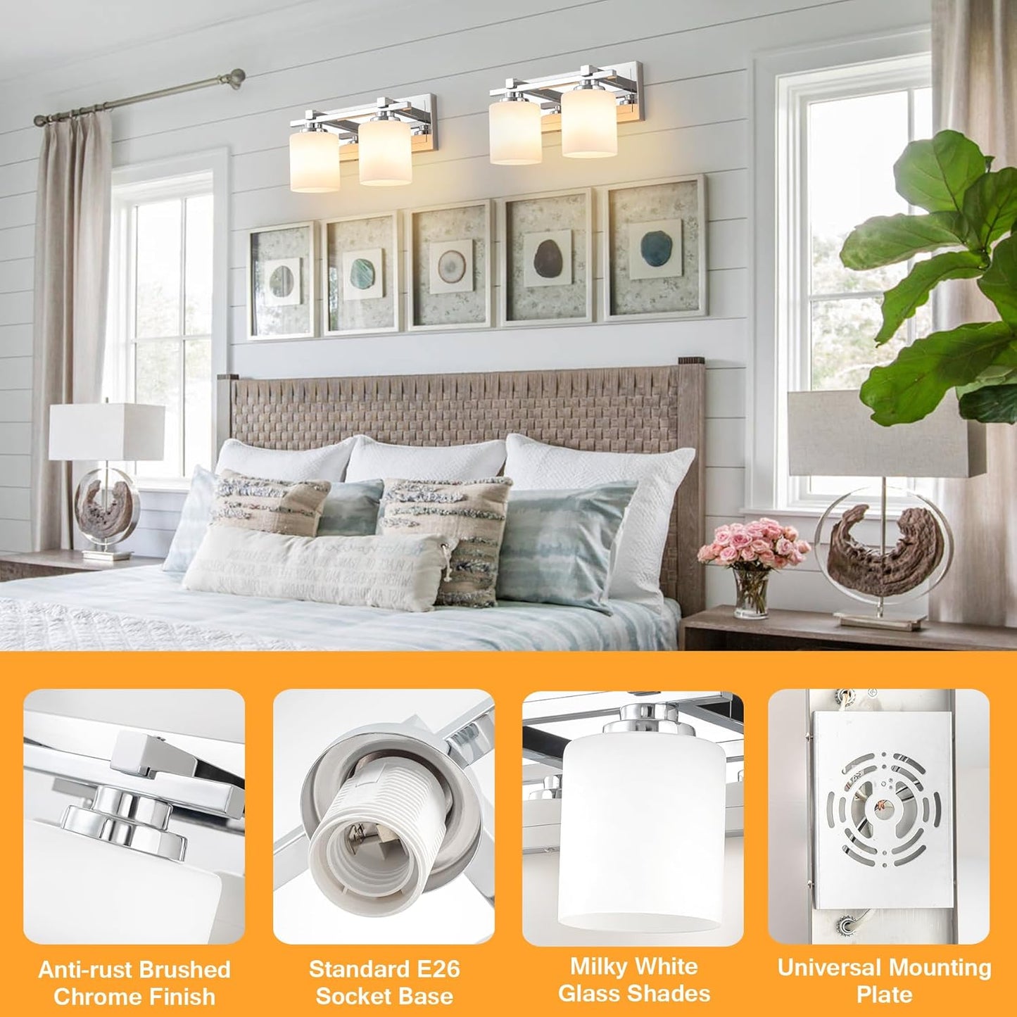 2 Light Modern Bathroom Light Fixtures Over Mirror, Chrome Vanity Lights for Bathroom Wall Sconces with Milky White Glass Shades, E26 Socket (Bulbs Not Included)