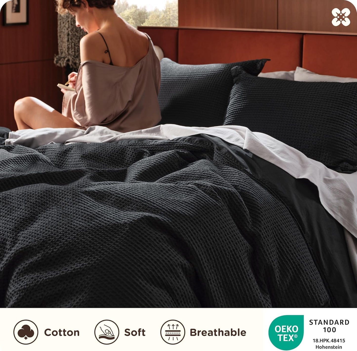 Bedsure Cotton Duvet Cover King - 100% Cotton Waffle Weave Black Duvet Cover King Size, GentleSoft™ and Breathable Bedding Set for All Season, 3 Pieces, 104"x90"