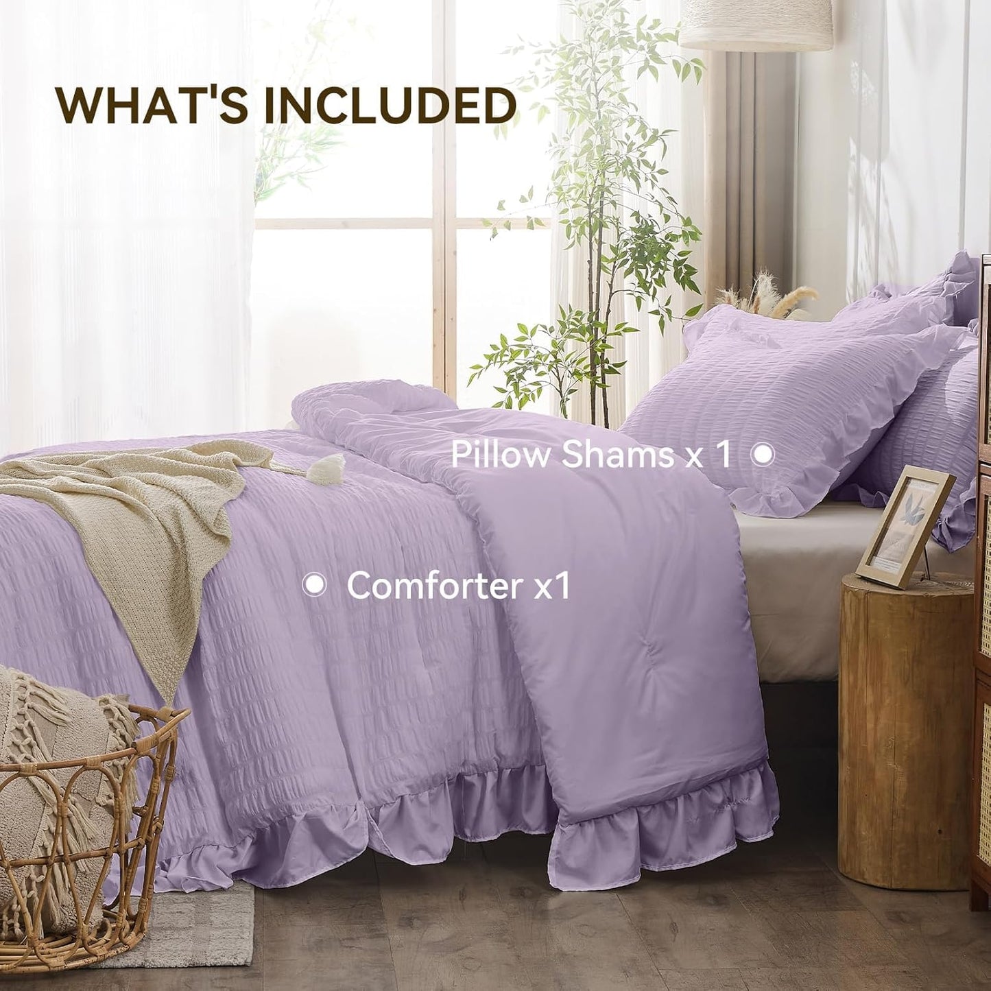 JOLLYVOGUE Lavender Twin Size Comforter Set, 2 Pieces Seersucker Lightweight Fluffy Bedding Set, Twin Ruffle Comforter, All Season Soft Microfiber Shabby Chic Bed Set