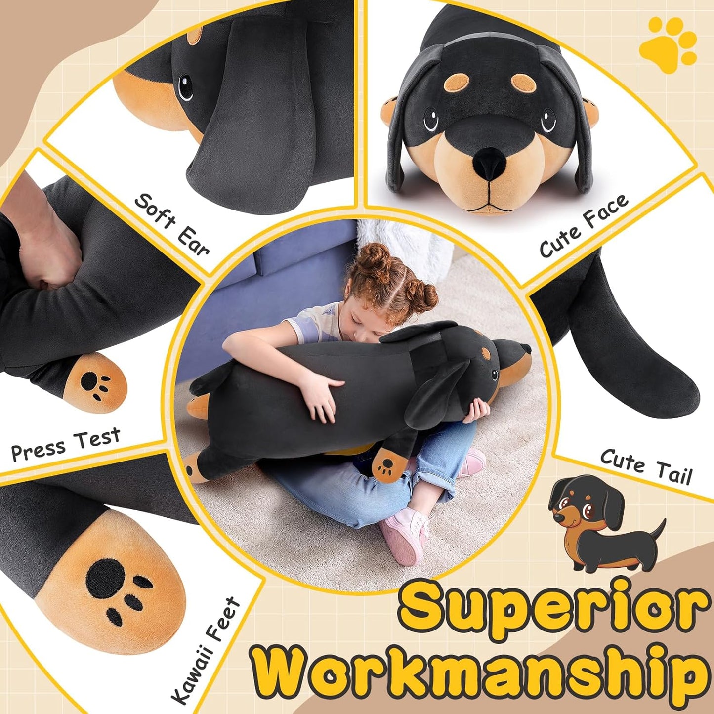 30'' Giant Black Dachshund Dog Plush Stuffed Animal- Black Weiner Dog Plush Pillow Plushies, Large Dachshund Plush Toy, Cute Hugging Weiner Dog Stuffed Animal, Birthday Gifts for Kids Girls Boys