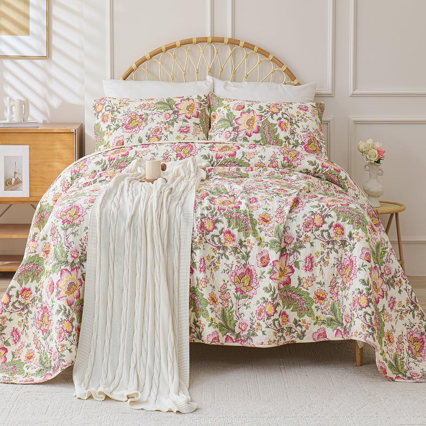 Cmfshape Floral Quilt Sets Bedspread Set 100% Cotton Bedding Set, All Season Use Lightweight Reversible Coverlet Quilts with 2 Pillow Shams(Queen 92"x96")