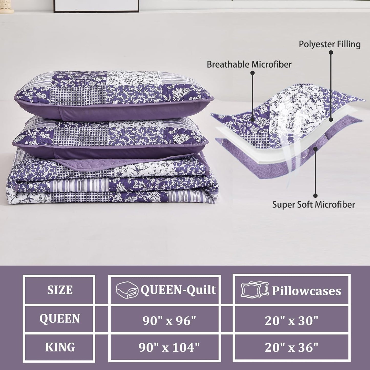Mybedsoul Purple Quilt Set King Size Quilt Bedding Set Brown Plaid,3 Pieces Floral Patchwork Reversible Bedspread Coverlet Set for All Season,Soft Microfiber Bedding Set King 90"x104"
