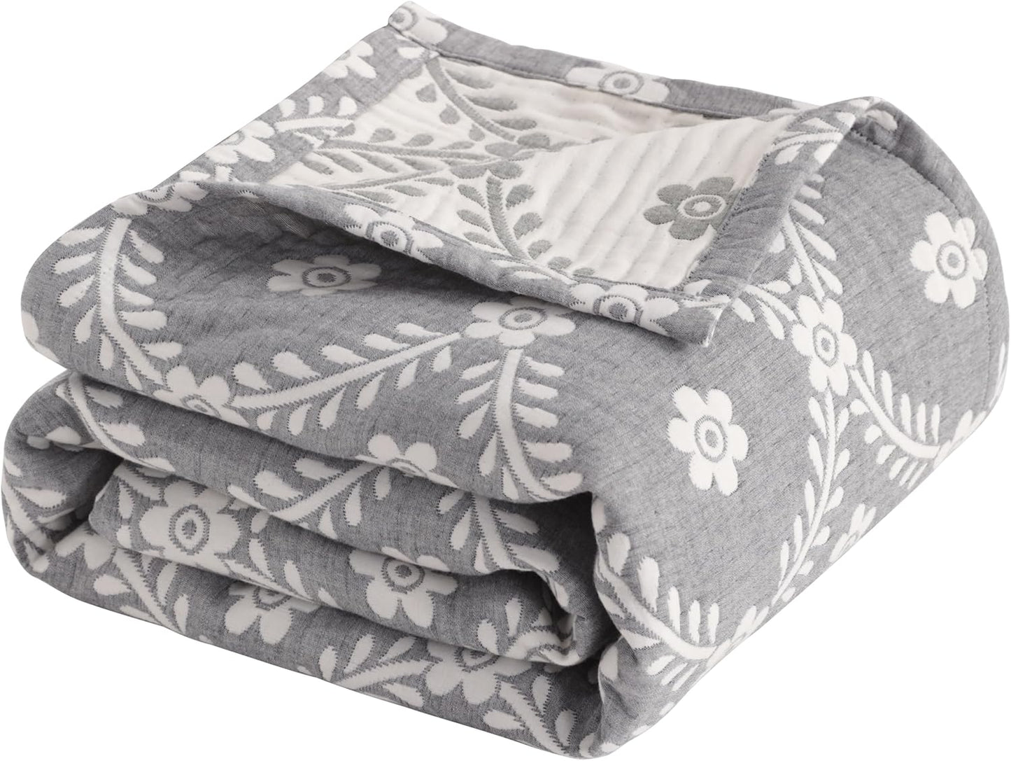 NTBAY 3 Layers Cotton Muslin 106x92 King Bed Blanket, Super Soft Breathable Thermal Yarn Dyed Quilt for Adults, Perfect Lightweight Blanket for Couch Sofa Bed All Seasons, Grey Garlands