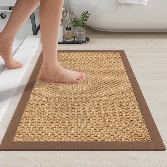 Bath Mat Bathroom Rugs Non Slip Washable, Soft Jute-Like Ultra Thin Bath Mats, Rubber Backing Super Absorbent Quick Dry Thin Bath Rug Shower Mat Fit Under Door Bathroom Tub Floor, Brown 20"x32"