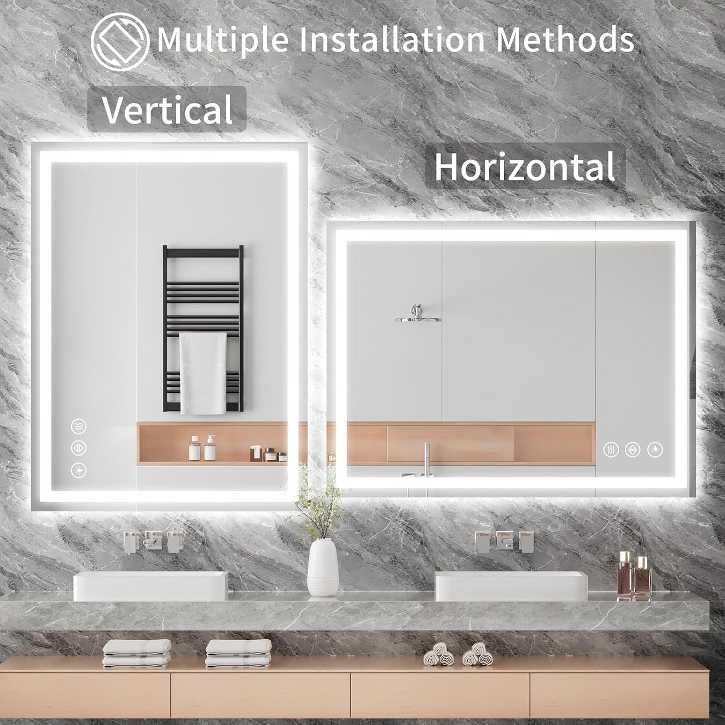 Koonmi 24x36 LED Bathroom Mirror, Backlit + Front Lit, LED Bathroom Mirror with Lights for Wall, 3 Colors, Anti-Fog, Dimmable Brightness, Memory Function, Tempered Glass