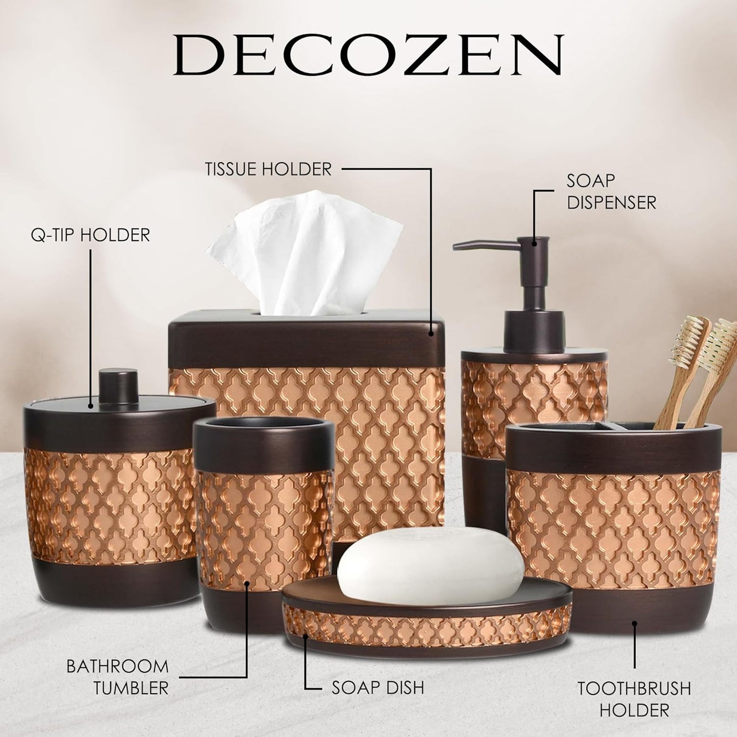 Decozen Bathroom Accessories Set 6Pcs – Soap Dispenser, Toothbrush Holder, Tumbler, Soap Dish & Cotton Swab Jar – Modern Bathroom Decor, Bath Set for Christmas Decor, Wally