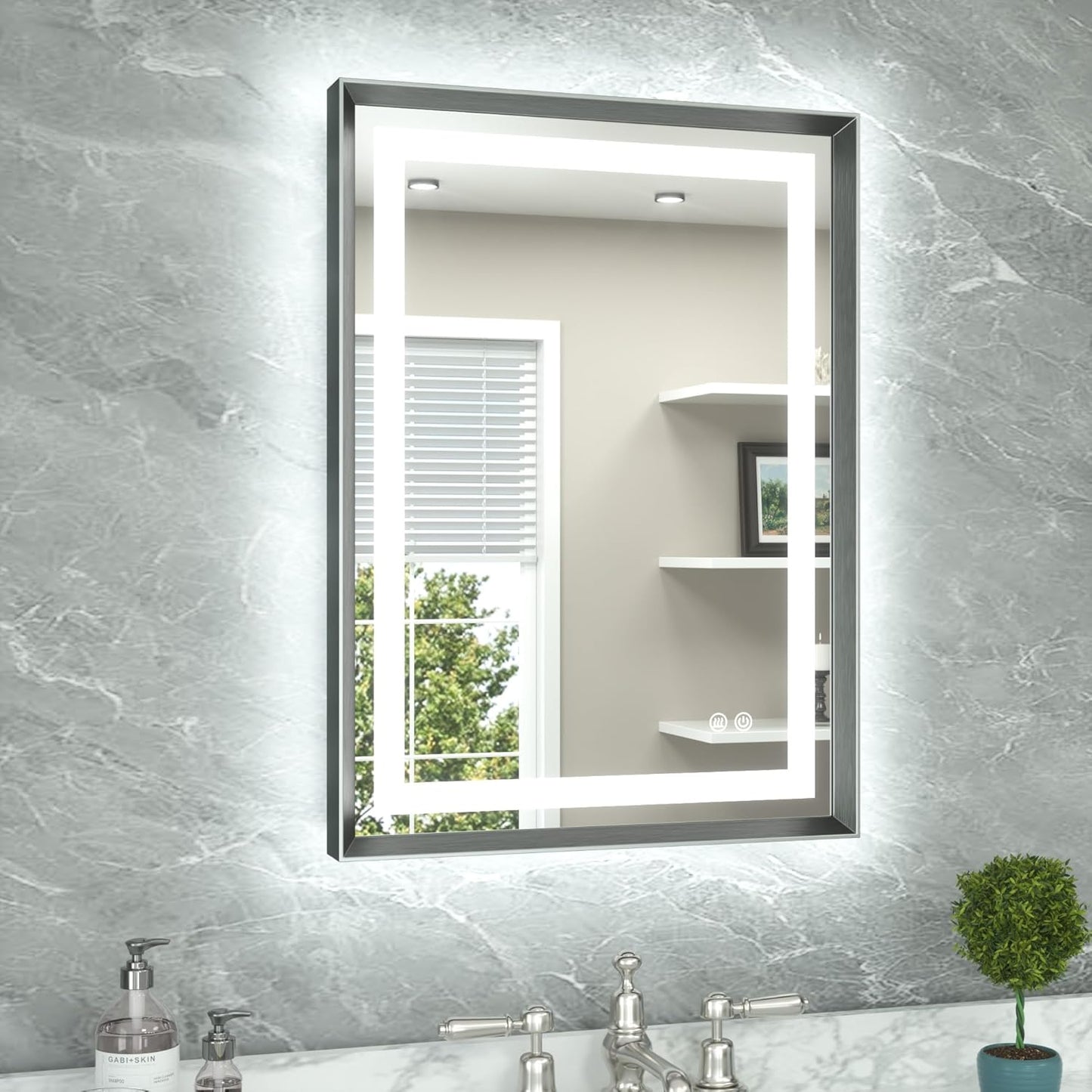 TETOTE 22 x 30 Bathroom LED Mirror Brushed Gunmetal Gray Frame Frontlit & Backlit Vanity Mirror Anti-Fog Stepless Dimmable 3 Colors White/Warm/Natural Wall-Mounted