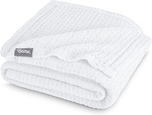 Bare Home White Waffle Blanket, Throw Size 44Wx66L, 100% Cotton, Soft & Breathable for All Seasons, Lightweight, Perfect for Layering Bed, Sofa & Couch (Throw/Travel, White)