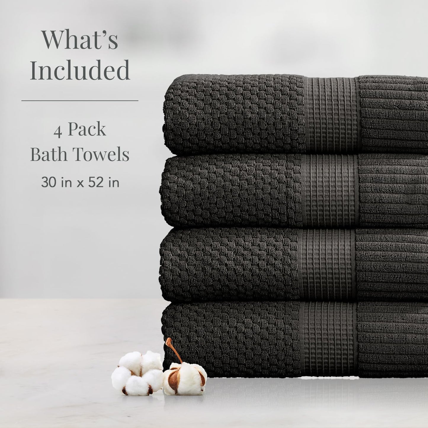 NY Loft 100% Cotton 4 Pack Bath Towels, 30" x 52", Dark Grey, Quick-Dry, Absorbent, OEKO-TEX Certified, Machine Washable
