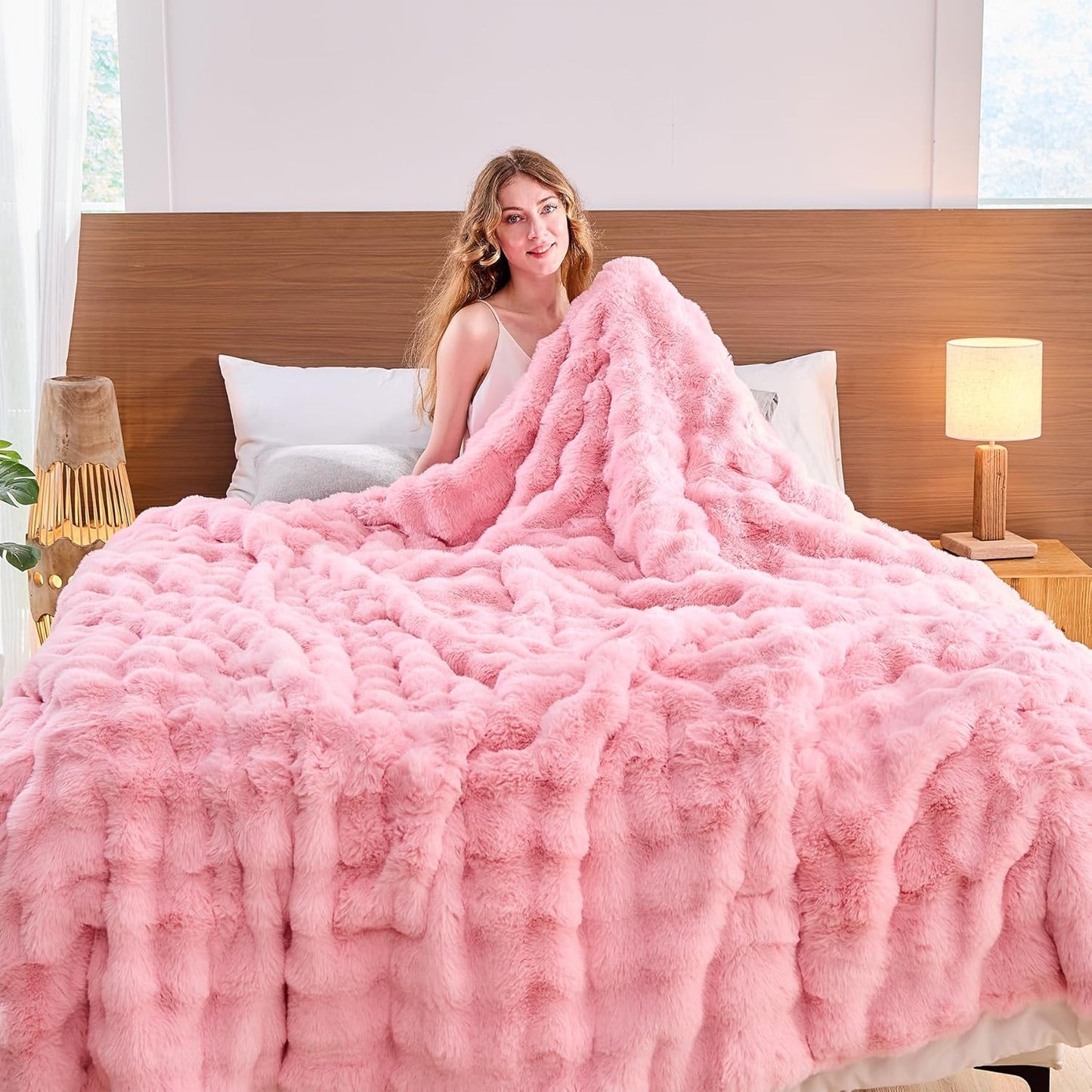 Pink Faux Fur Throw Blanket Soft Plush Fluffy Bubble Texture Cozy Blanket for Couch Bed Sofa Warm Thick Luxury Home Decor Gift for Women Mom Girlfriend (Queen Size 90''x90'', Pink)