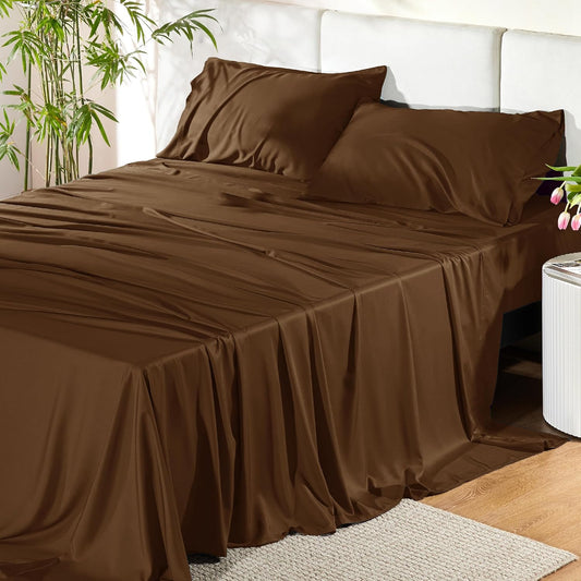 Bedsure California King Sheet Sets, Cooling Sheets for Hot Sleepers, Rayon Derived from Bamboo, Breathable & Soft, Deep Pocket Up to 16 Inches, Hotel Luxury Silky Bedding, Brown