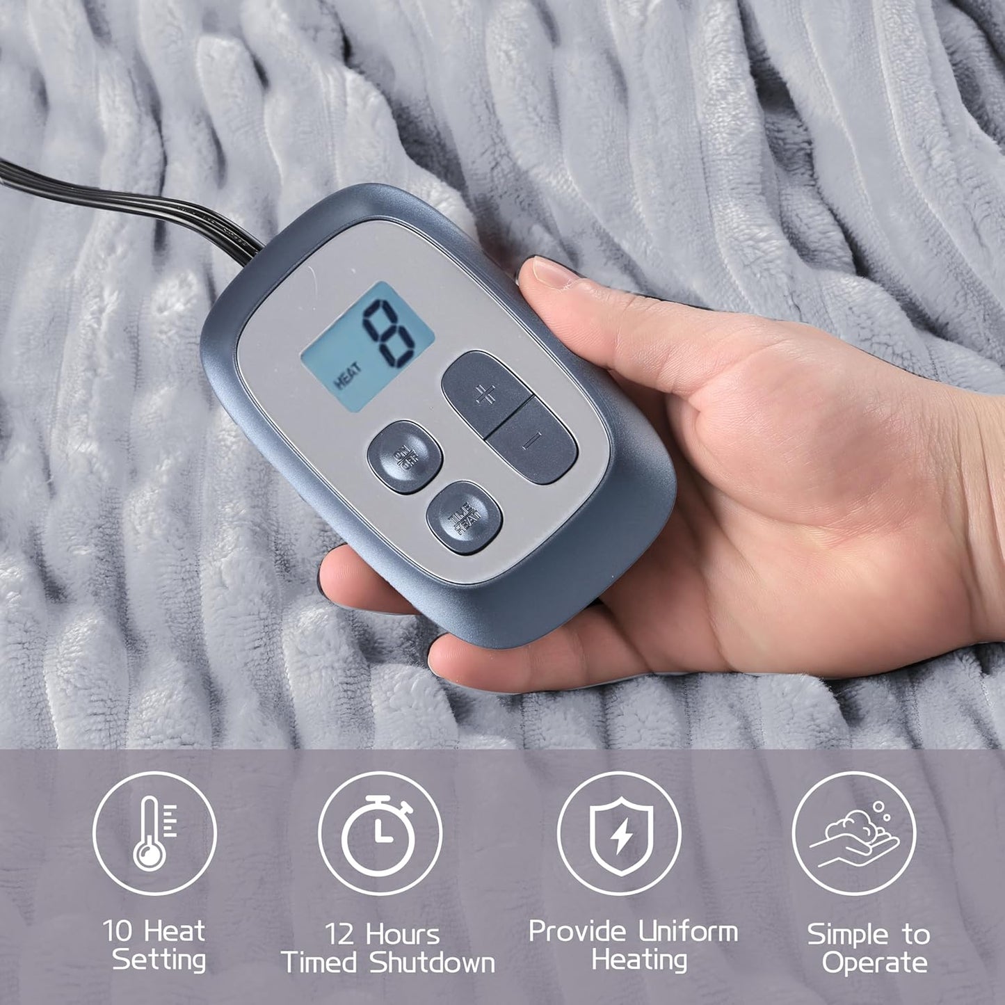 Electric Heated Blanket Full-Size 72x84 Inch - Ultra Soft Silky Flannel with Ribbed Texture, 10 Heating Levels and 12 Hours Auto-Off Feature - Light Gray
