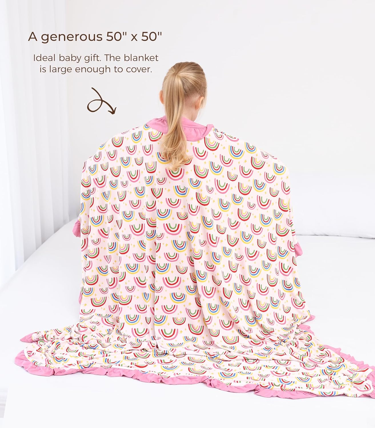 Premium Baby Blanket for Girls, Stretchy Quilt, Soft Crib Bedding for Newborn Baby and Toddler, Ruffle Nursery Blanket for Kids, Viscose Made from Bamboo, 50''x50'' Rainbow