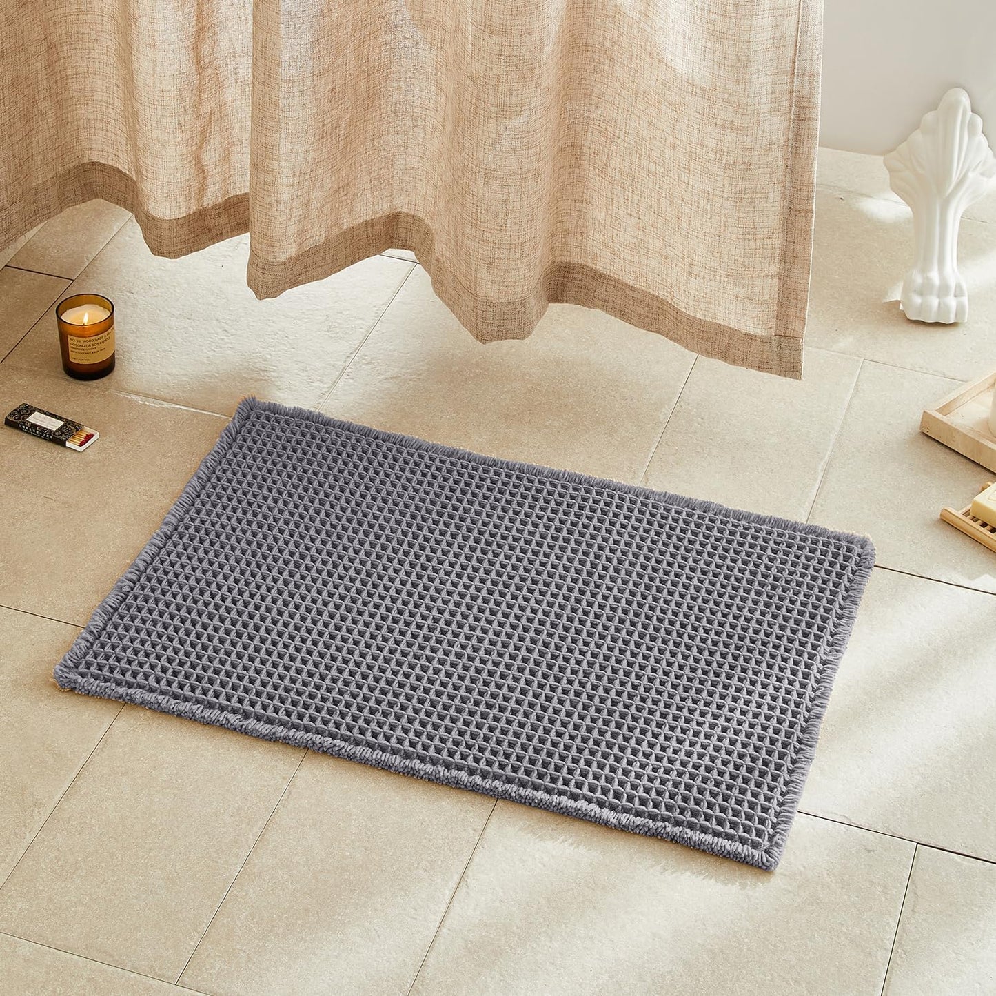 Waffle Bath Mat, Boho Bathroom Rugs Non Slip Washable Super Absorbent Quick Dry Bath Mat Farmhouse Bathroom Decor, 30"x20" Grey