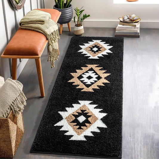 DEXDE Bathroom Runner Rugs 20x72 Boho, Long Bath Mats for Bathroom Bedroom Hallway Kitchen Luxury Soft Absorbent Large Bath Rugs Modern Geometric Western Farmhouse Carpet, Black White