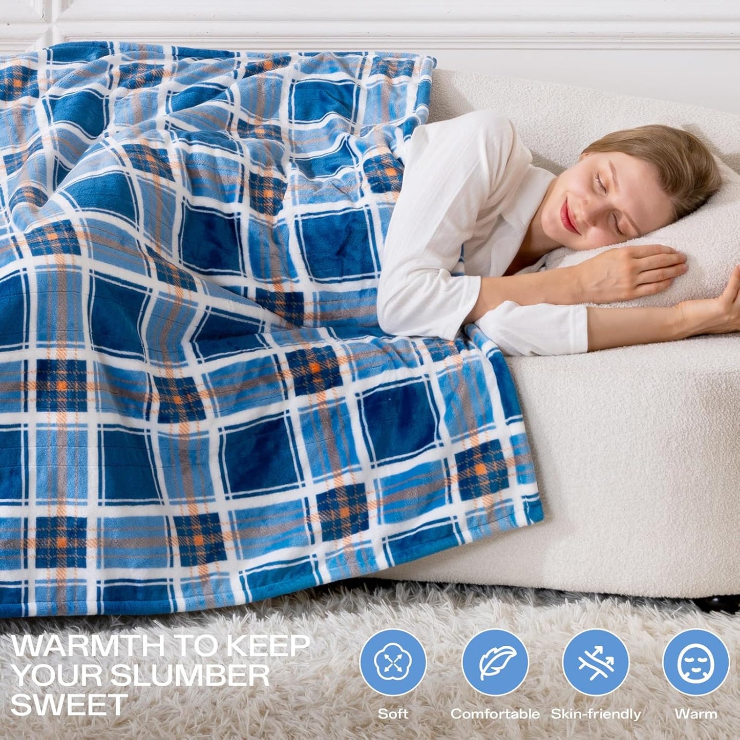 Electric Heated Blanket Twin - 62"x84" Heating Bed Blankets Throw with 10 Hours Auto Off 8 Fast Heating Levels Over-Heated Protection Soft Warm Flannel Sherpa Machine Washable ETL Certified Blue Plaid