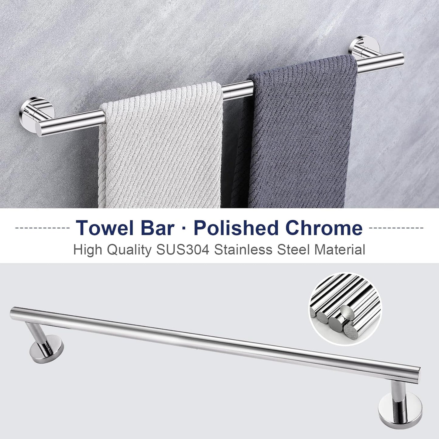 Lairuier Polished Chrome Bathroom Hardware Set, 10-Piece Towel Bar Set SUS304 Stainless Steel Bathroom Hardware Accessories Set Round Towel Holder Set Wall Mounted