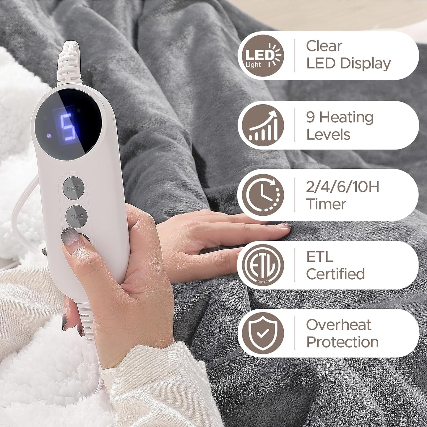 Electric Heated Blanket Twin 62''X84'', Soft & Cozy Fast Heating Blanket with 9 Heat Settings & 2-10 Hours Auto Off, ETL Certified & Overheat Protection,Gift for Grandma, Light Gray