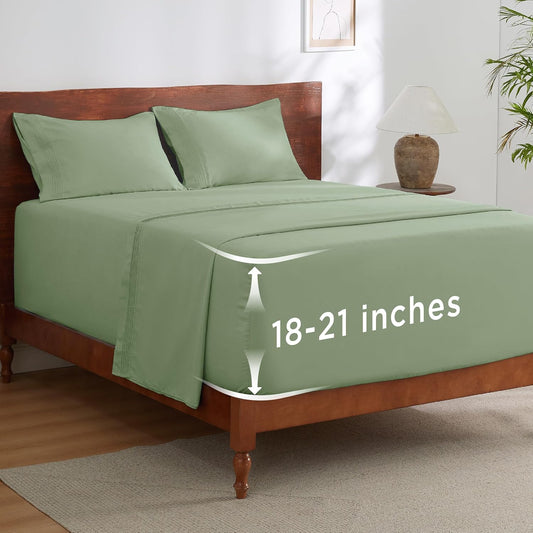 Bedsure Deep Pocket King Sheet Set - Fits Mattresses Up to 21 Inches Thick - 4 Piece GentleSoft Bed Sheets, Moisture Wicking, Soft & Cooling Bedsheet & Pillowcases, Easy & Secure Fit, Sage Green