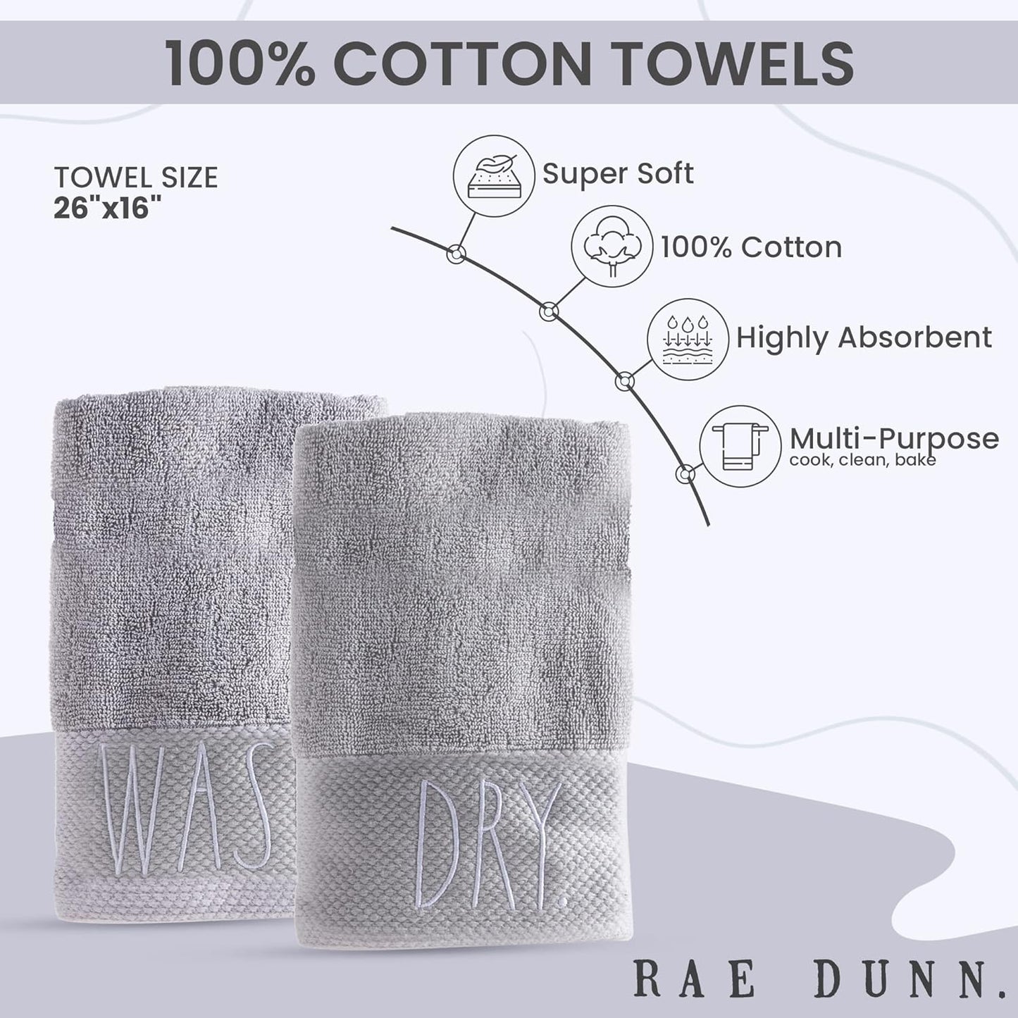 Rae Dunn Hand Towels, Embroidered Decorative Hand Towel for Kitchen and Bathroom, 100% Cotton, Wash/Dry, 16"x 28"