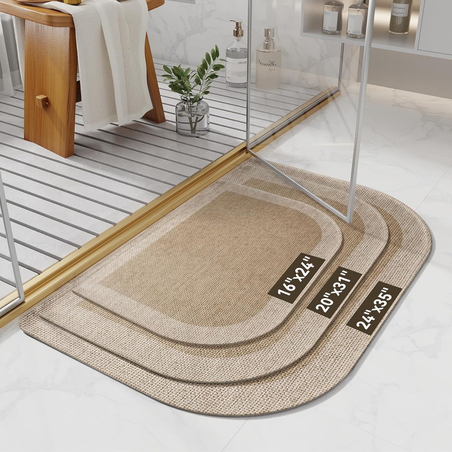 Bathroom Rugs Mat 20x31, Ultra Thin Non Slip Bath Mats for Bathtub Quick Dry Absorbent Rubber Bathroom Mat Fit Under Door, Woven Washable Half Round Bath Rugs Floor, Beige Brown