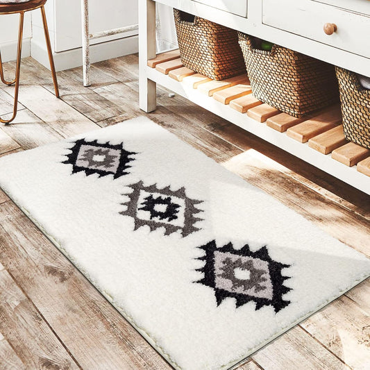 DEXDE Bathroom Rugs Boho Moroccan Bath Rug 20x32 Inches - Geometric Non-Slip Quick Dry Bath Mat, Black White Machine Washable Absorbent Soft for Bathroom, Neutral Decor