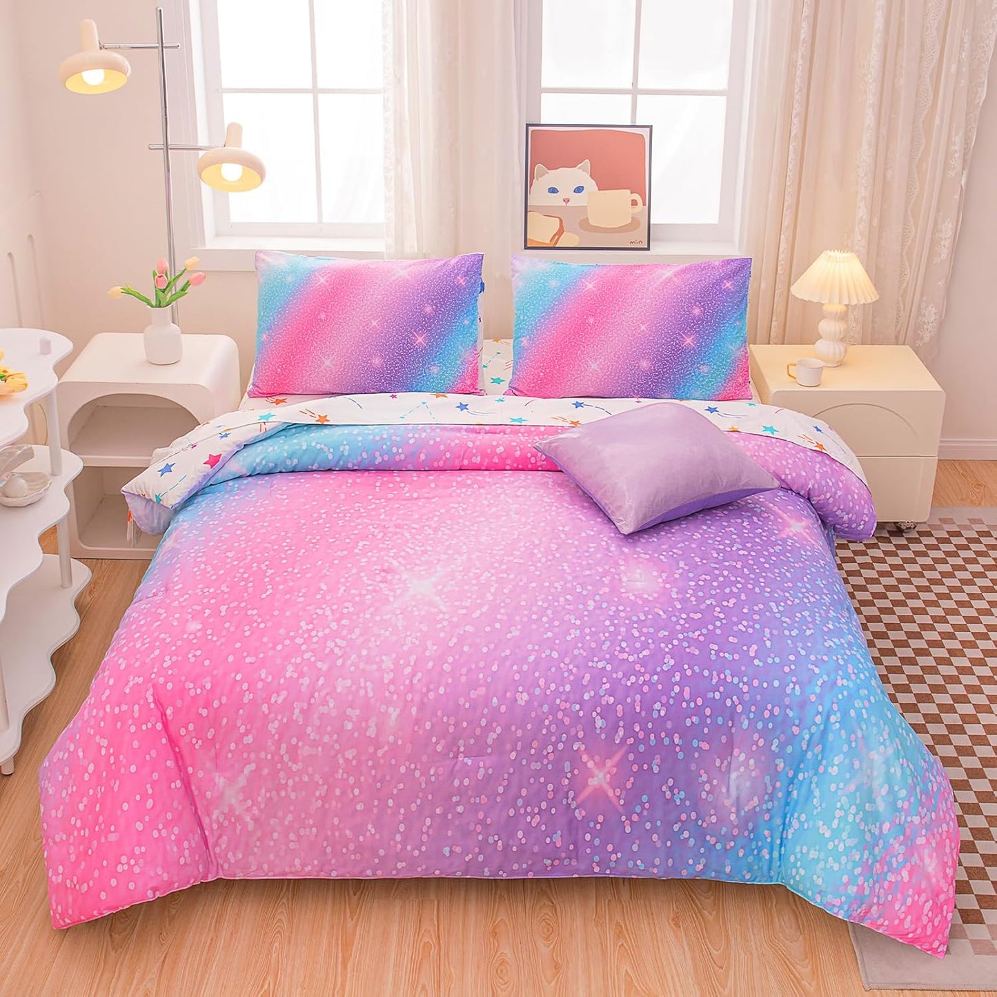 Rainbow Bedding Set Queen Size – 6-Piece Reversible Girls Comforter with Deep-Pocket Sheet, Gradient Galaxy Design, Whole-Piece Filling, Machine Washable Bed-in-a-Bag for Kids Room Makeover & Gifts