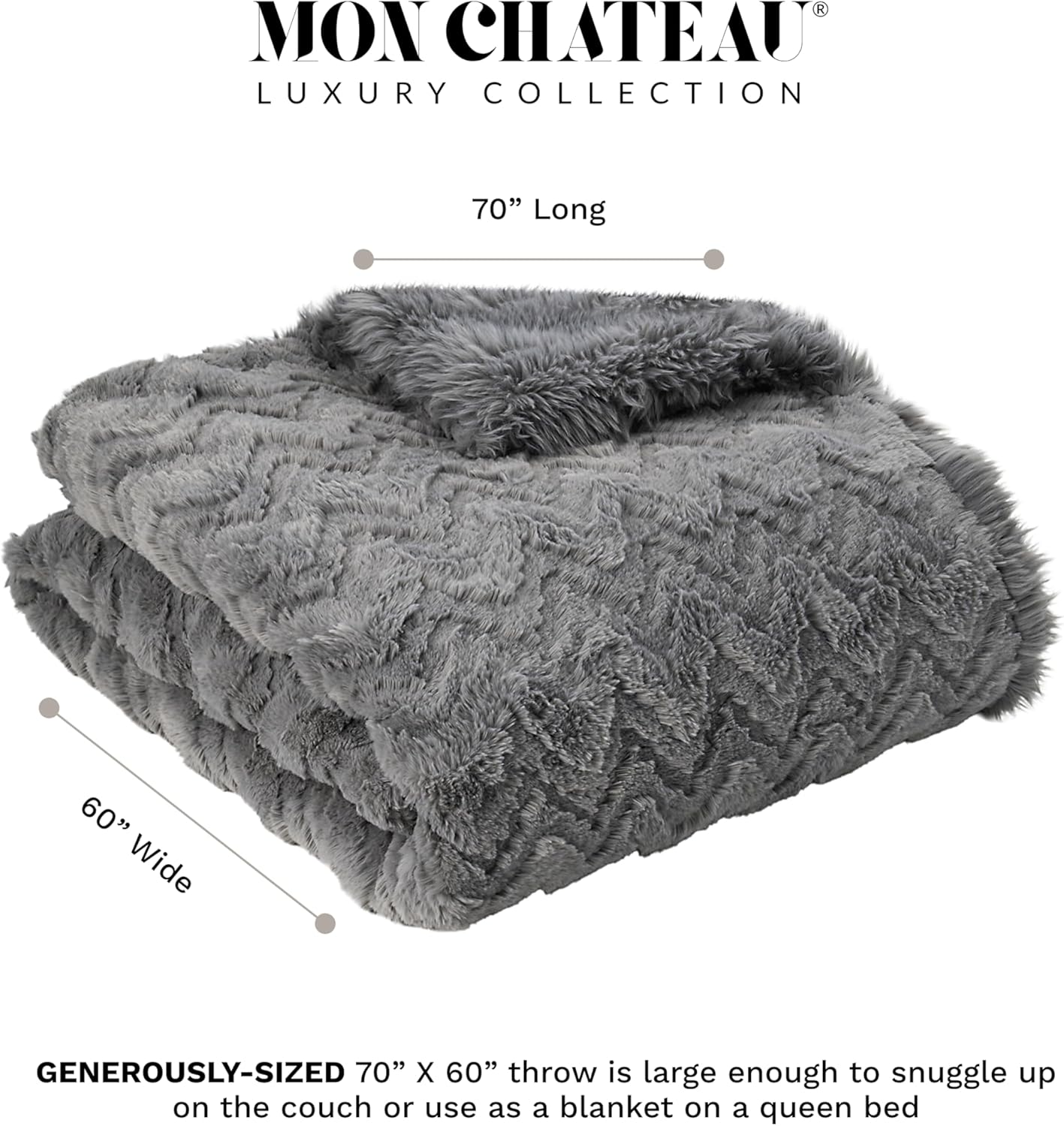 Mon Chateau 60" x 70" Crest Faux Fur Throw, Plush Luxury Blanket for Couch, Sofa, or Bed, Soft Reversible Throw Blanket for Sleeping, Home & Room Decor, Fog Stone