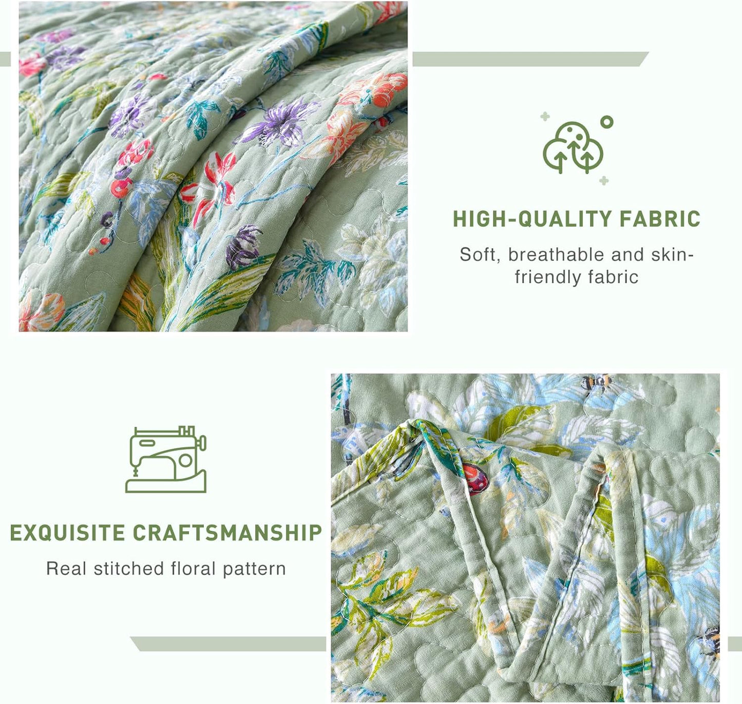 Lady Ann Oversized Cal King Bedspreads 120x120 for Extra Bed, Green Flower Bird Butterfly Print Botanical Bedding, Lightweight 100% Cotton Quilted Coverlet Set with Pillow Shams for All Season, 3 PCS